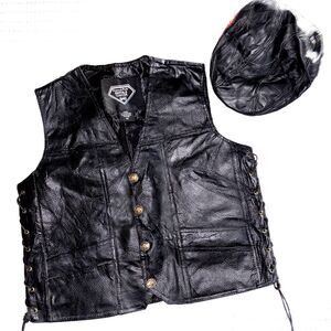 Diamond Plate Buffalo Leather Vest Mens Size Medium and Leather Cap